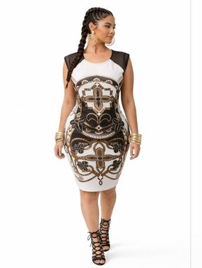 New White & Gold Baroque Midi Dress with Burgundy Cut-out Back Panel